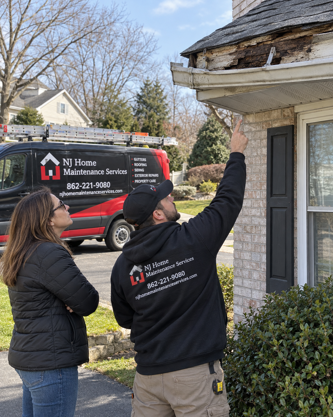 Fascia and Soffit technician showing a homeowner the problem