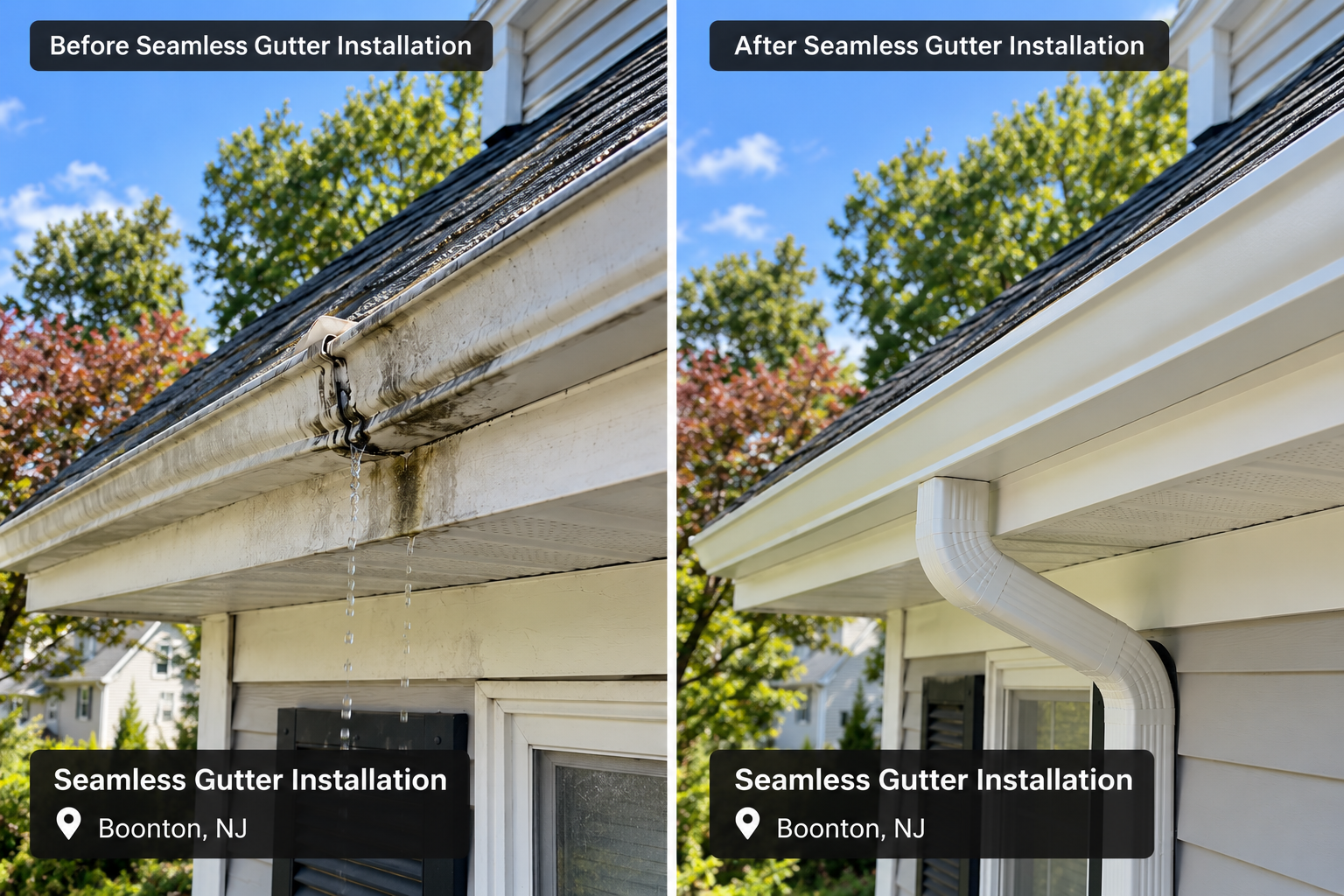 Before and after seamless gutter installation in Boonton, NJ