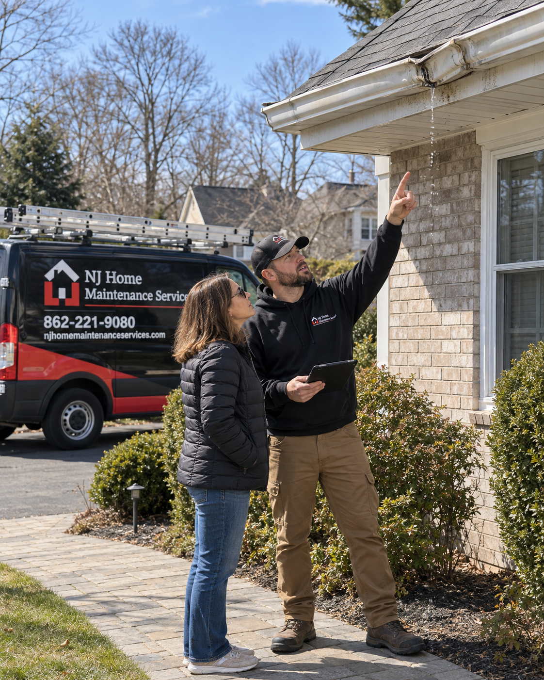 Seamless Gutter Installation technician showing a homeowner the problem