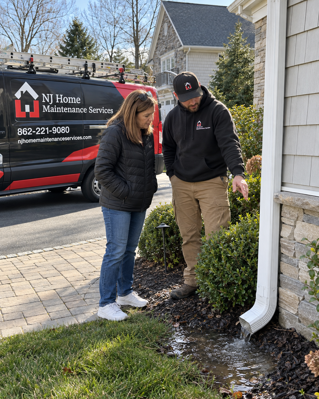 Underground Drain Cleaning technician showing a homeowner the problem