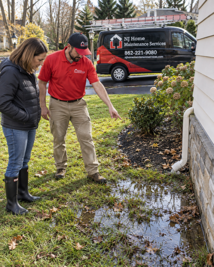 Underground Drain Installation technician showing a homeowner the problem
