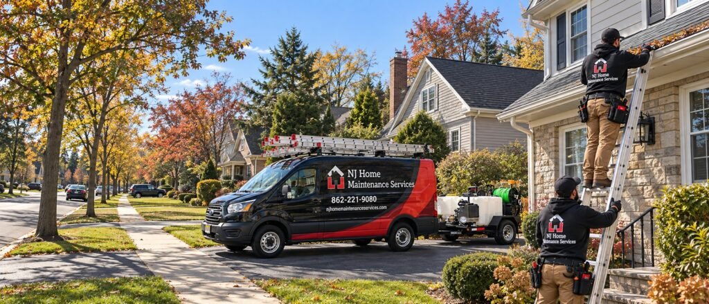 NJ Home Maintenance Services technicians cleaning gutters at a Clifton, NJ home