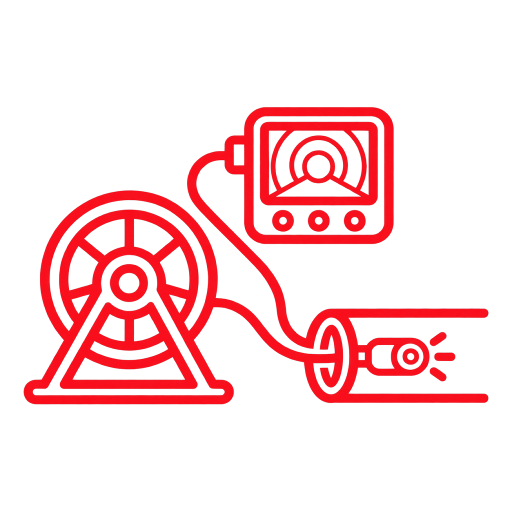 Red line icon of a drain inspection camera on a push cable reel with a monitor, feeding into a pipe
