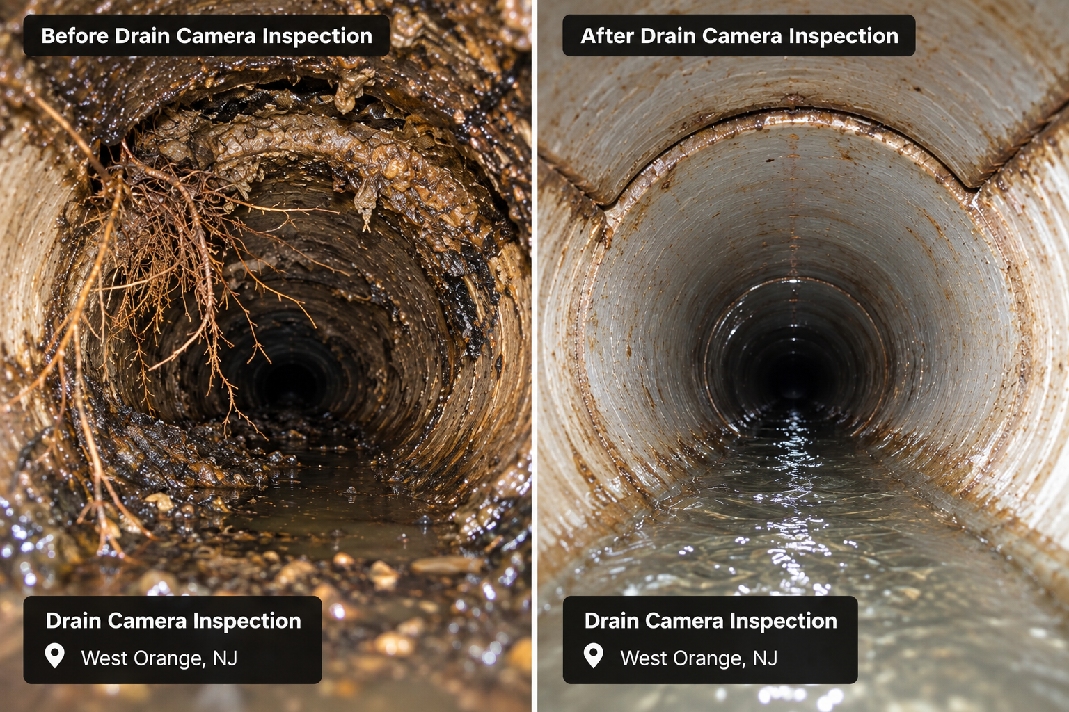 Before and after drain camera inspection in West Orange, NJ