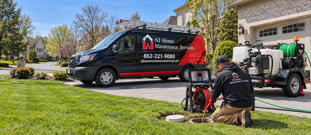 Technician running a drain camera at an underground cleanout in Northern NJ