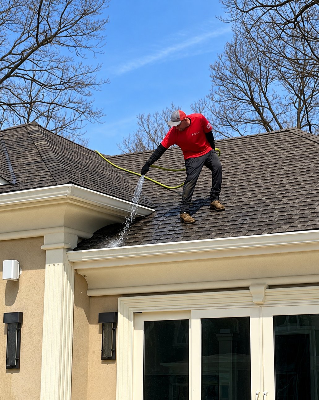 NJHMS technician flushing gutters on the roof during a gutter cleaning in Boonton, NJ