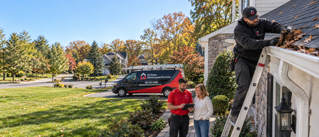 NJ Home Maintenance Services technician cleaning a gutter while a colleague speaks with the homeowner