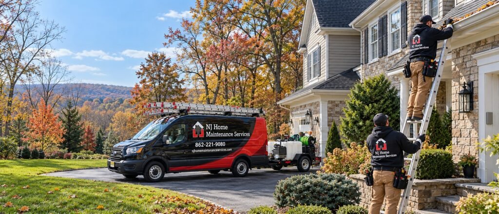 NJ Home Maintenance Services technicians cleaning gutters at a Montville, NJ home