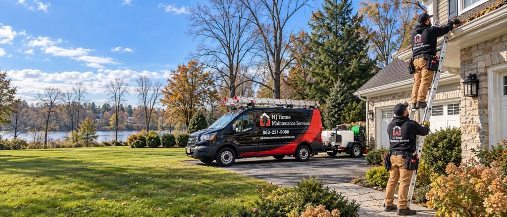 NJ Home Maintenance Services technicians cleaning gutters at a Pequannock, NJ home