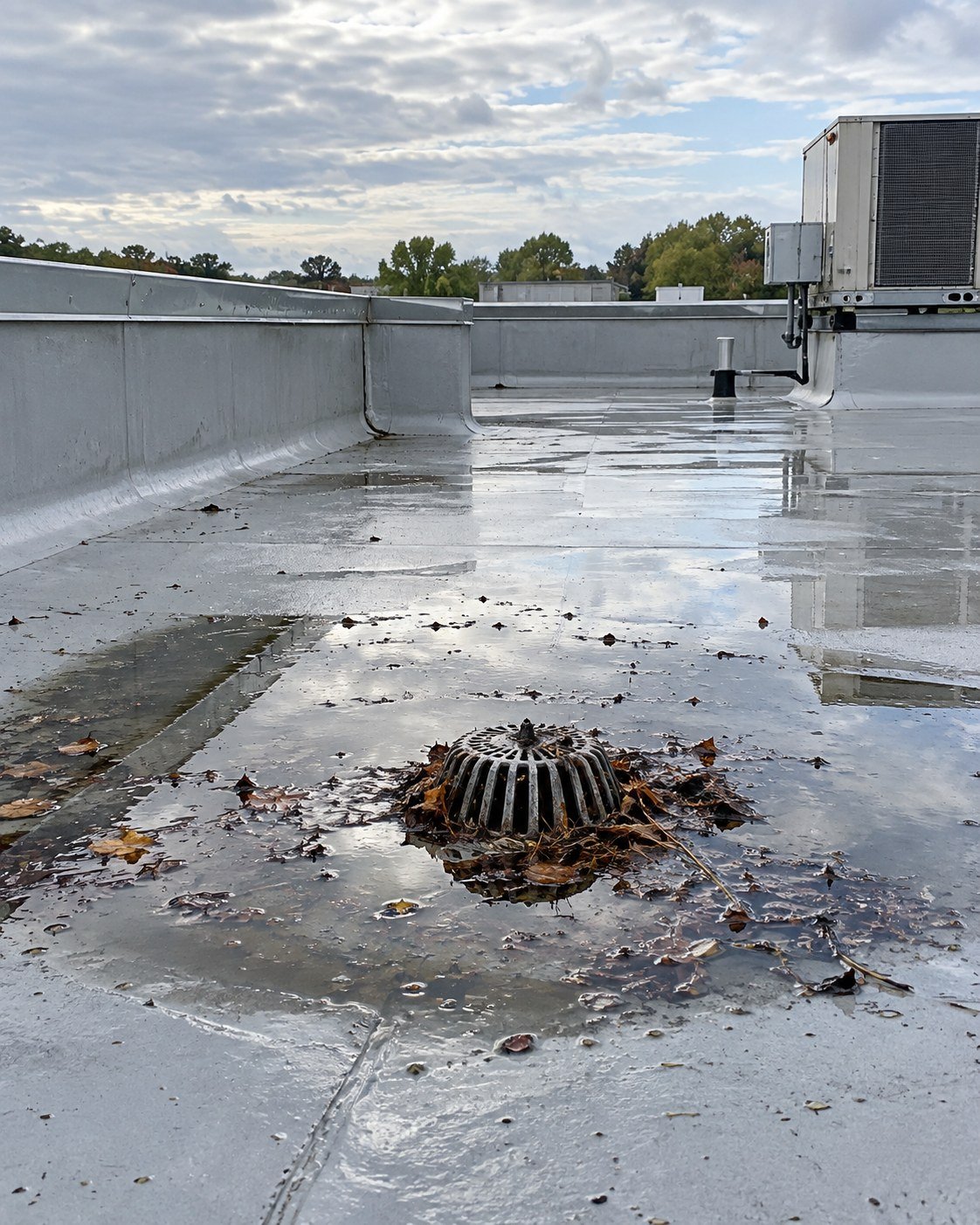 Standing rainwater pooled around a roof drain clogged with leaves on a flat roof