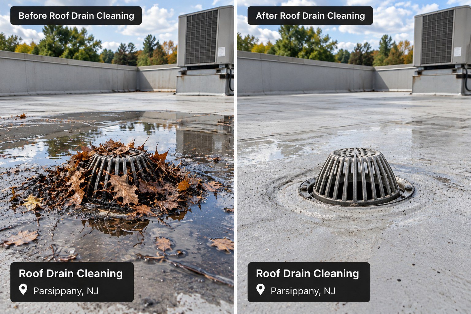 Before and after roof drain cleaning: a strainer buried in wet leaves with ponding water, then the same drain cleared