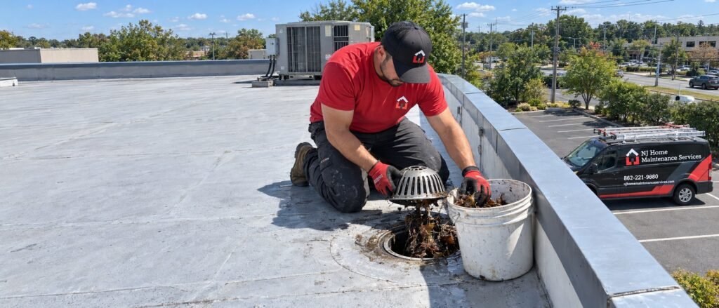 NJ Home Maintenance Services technician clearing a clogged roof drain on a commercial flat roof in Northern New Jersey