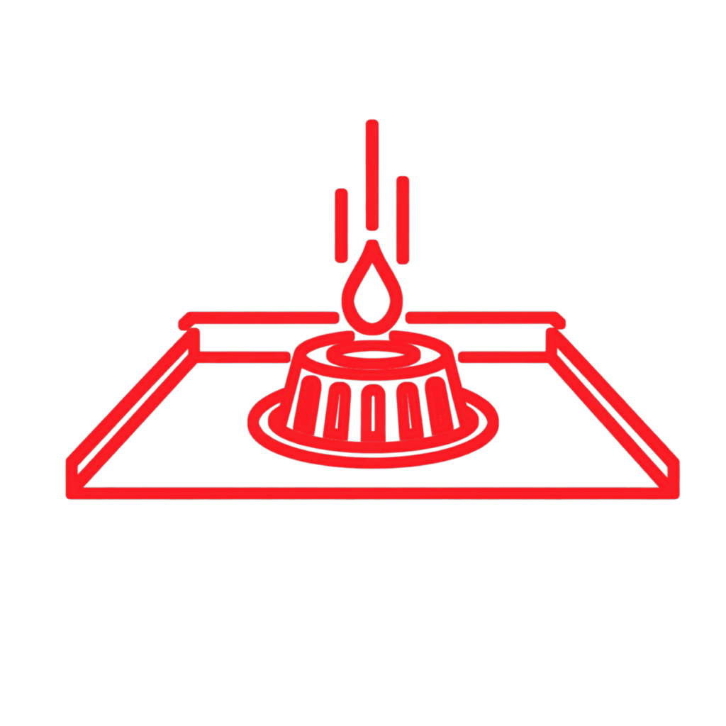 Red line icon of a roof drain with a dome strainer and a water drop