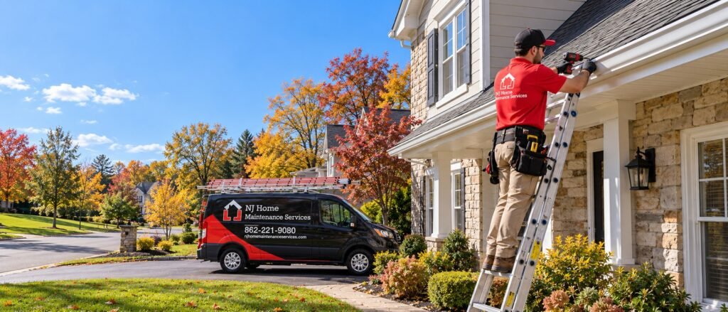 NJ Home Maintenance Services technician installing seamless aluminum gutters from a ladder with the branded work van on the driveway