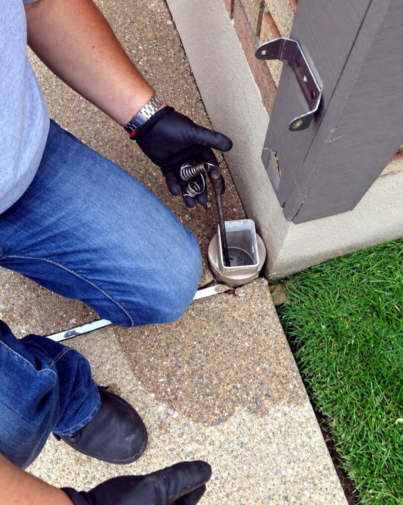 Technician using a hand auger to clear debris from a downspout drain connection at the base of a home