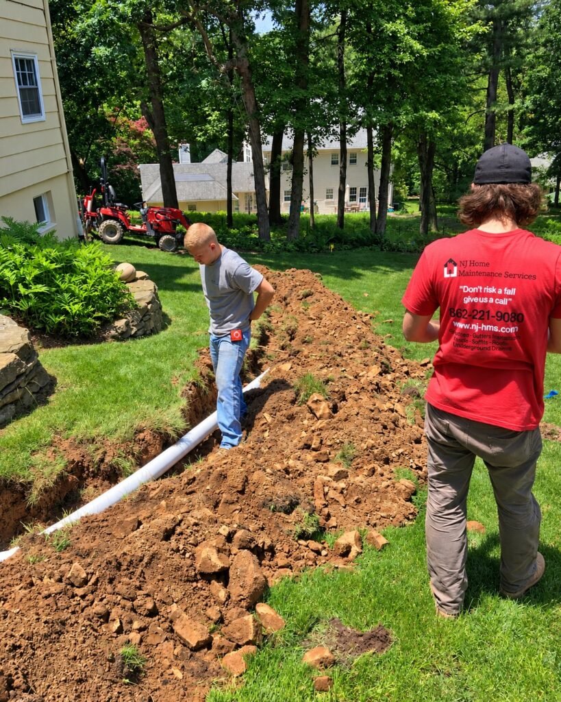 NJHMS crew laying new underground drain pipe in a trench in Summit, NJ