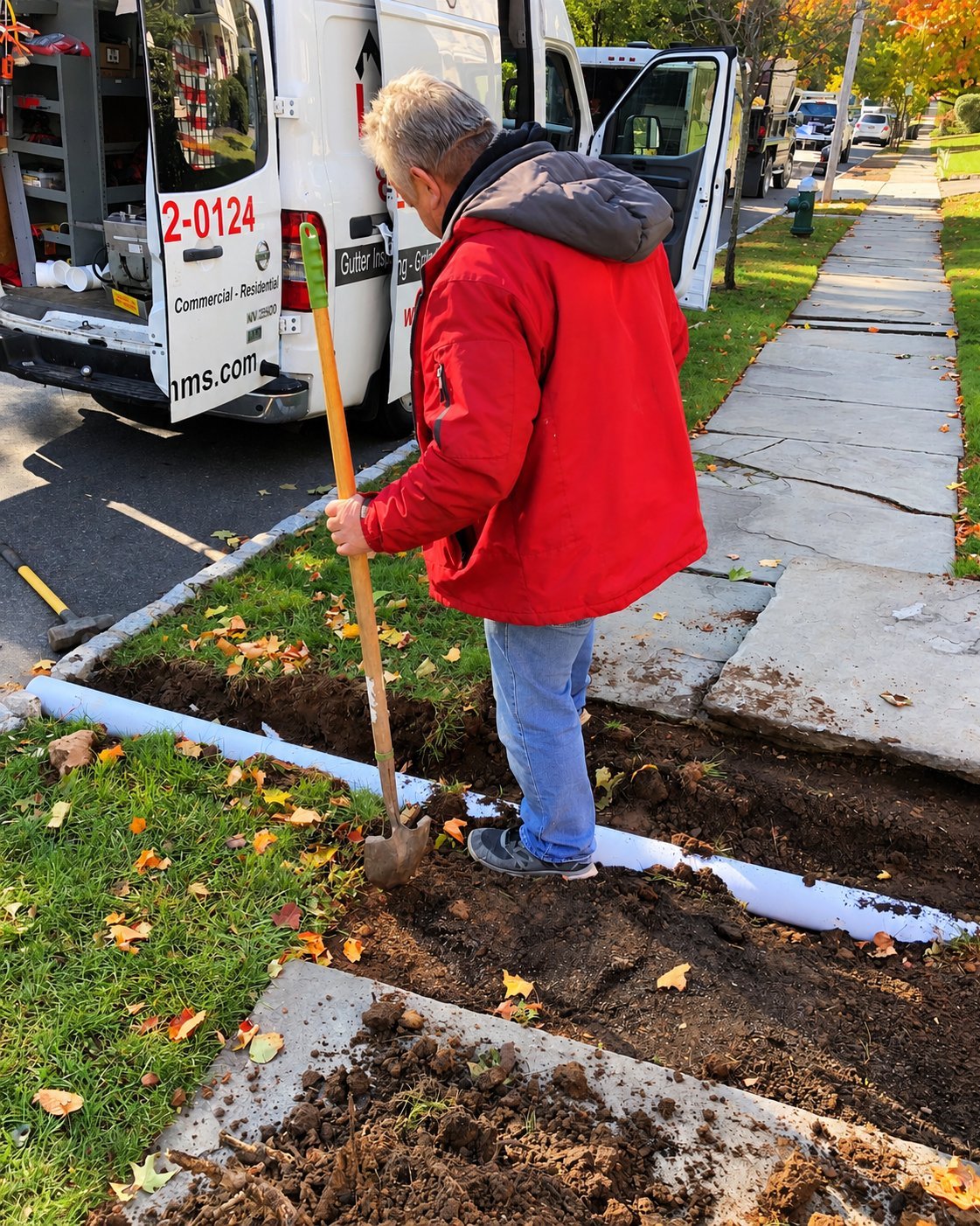 NJHMS technician and mini excavator digging to replace an underground drain pipe in Montclair, NJ