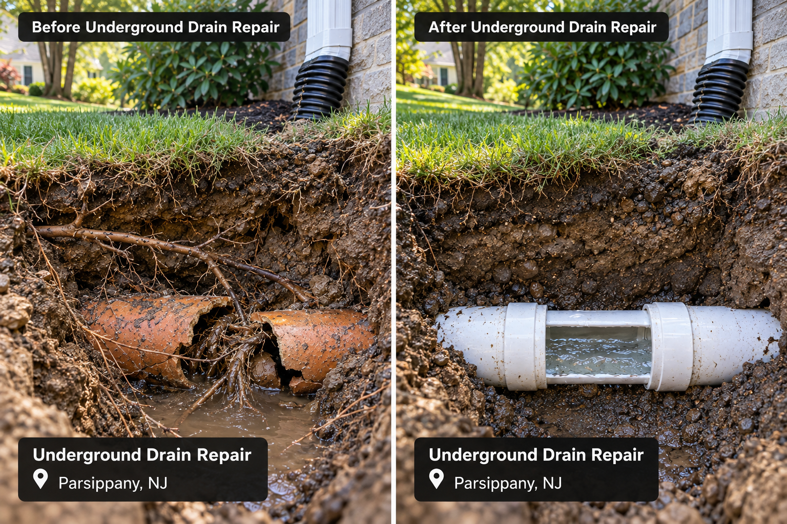 Before and after underground drain repair in Parsippany, NJ