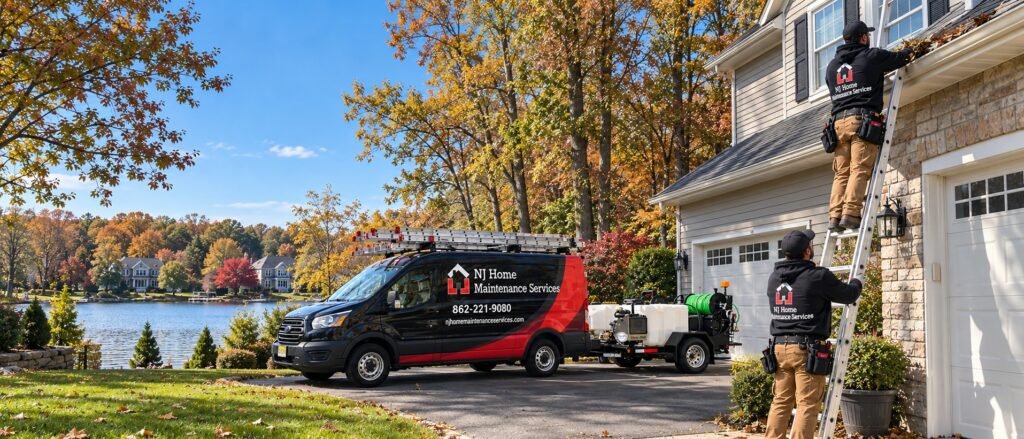 NJ Home Maintenance Services technicians cleaning gutters at a Wayne, NJ home