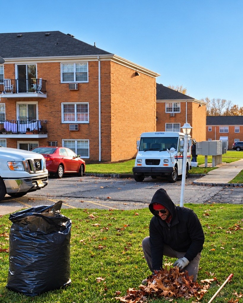 NJHMS technician bagging leaves at an apartment complex in Parsippany, NJ