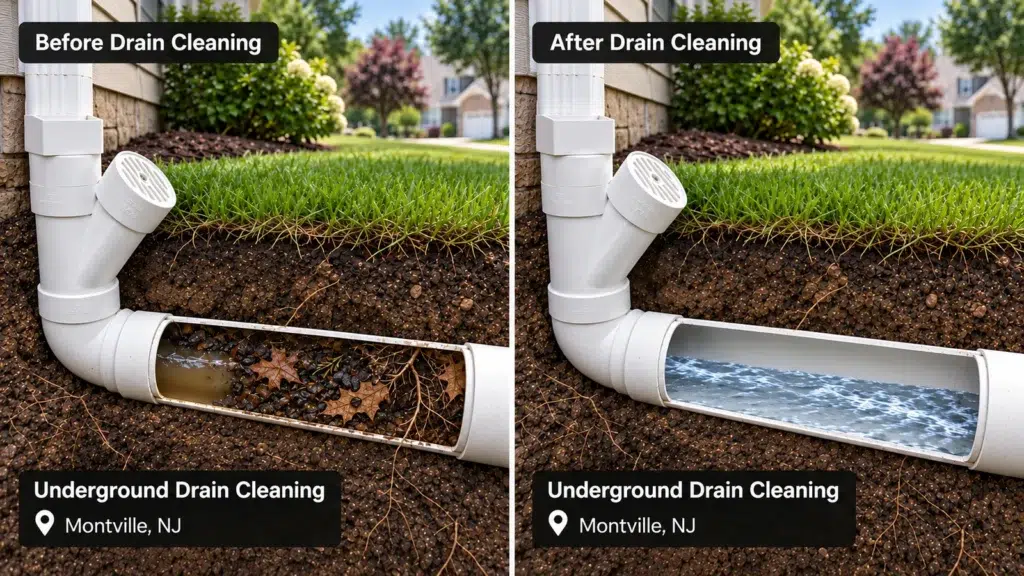 Before after underground drain cleaning montville nj