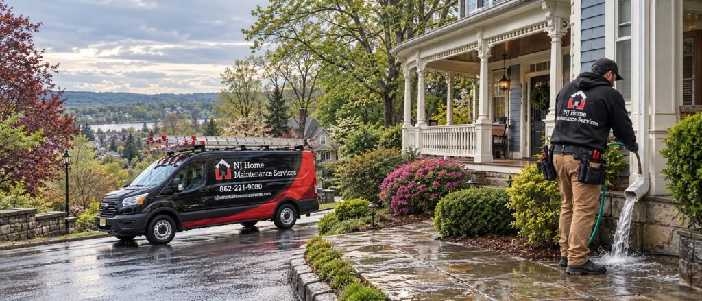 NJ Home Maintenance Services technician flushing a downspout at the front of a Victorian home on a hillside street, with the work van parked outside