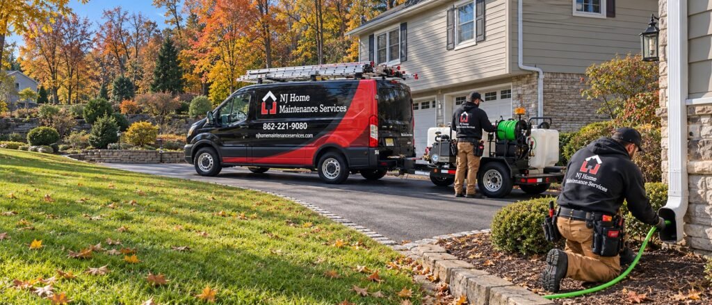 NJ Home Maintenance Services technician jetting an underground downspout drain beside a split-level home, with the work van and hydro jetter trailer in the driveway