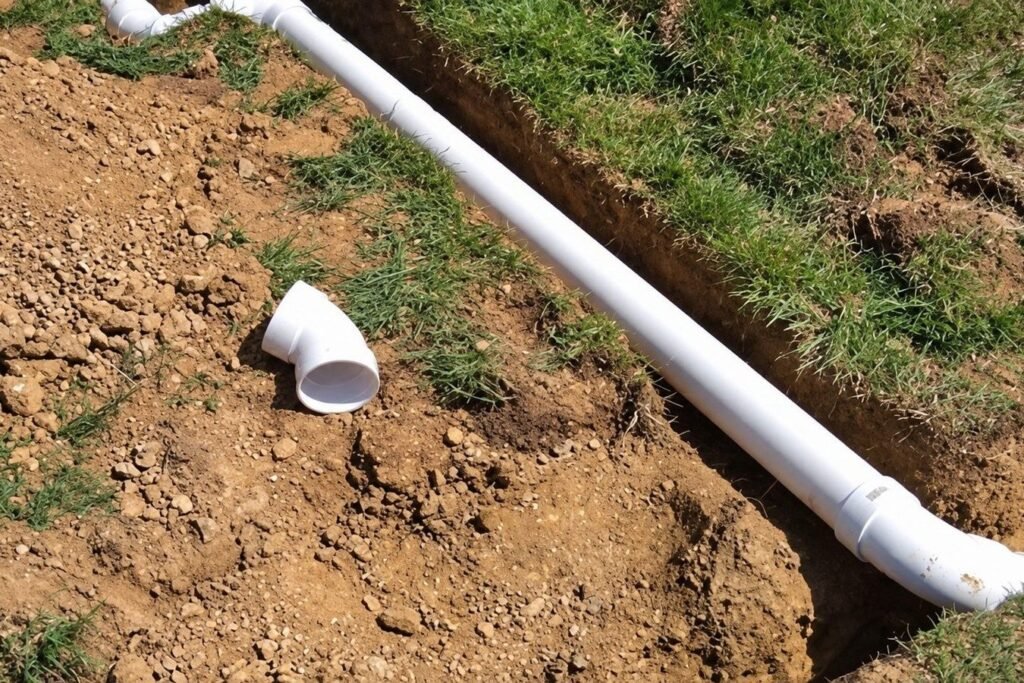 Downspout connected to an underground PVC drain pipe in an open trench