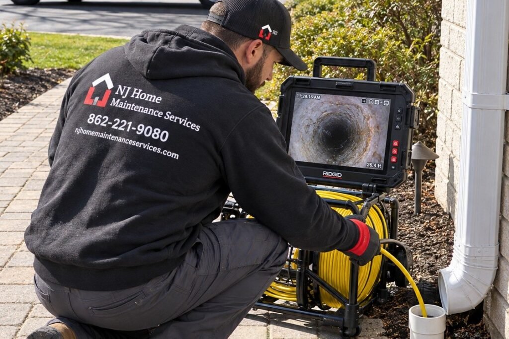 Technician feeding a drain inspection camera into a cleanout
