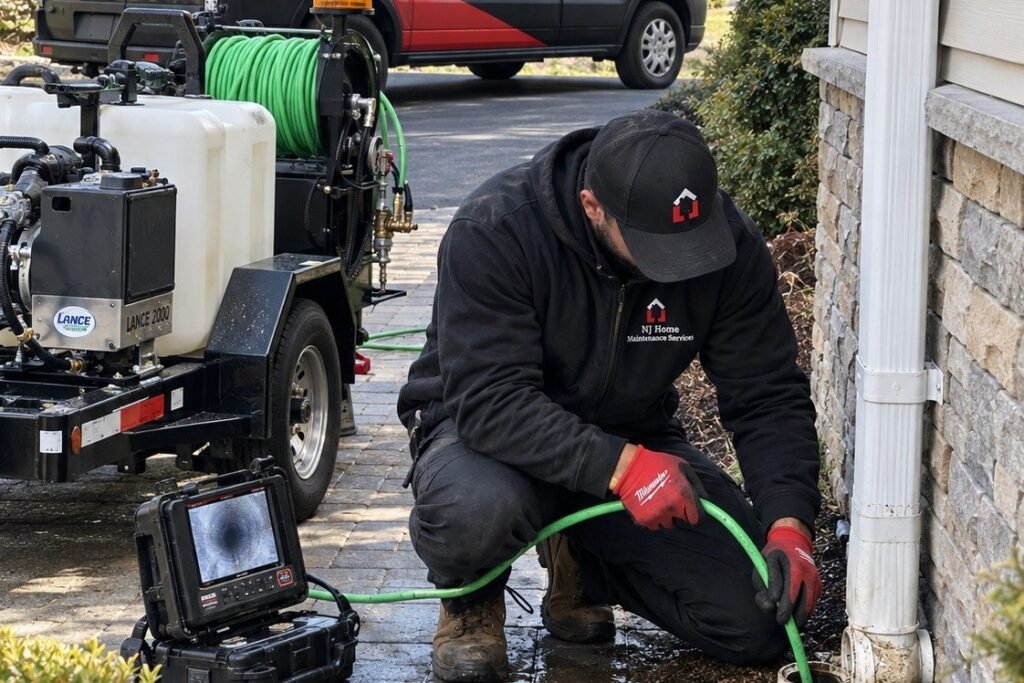 Technician cleaning an underground downspout drain with a jetter hose