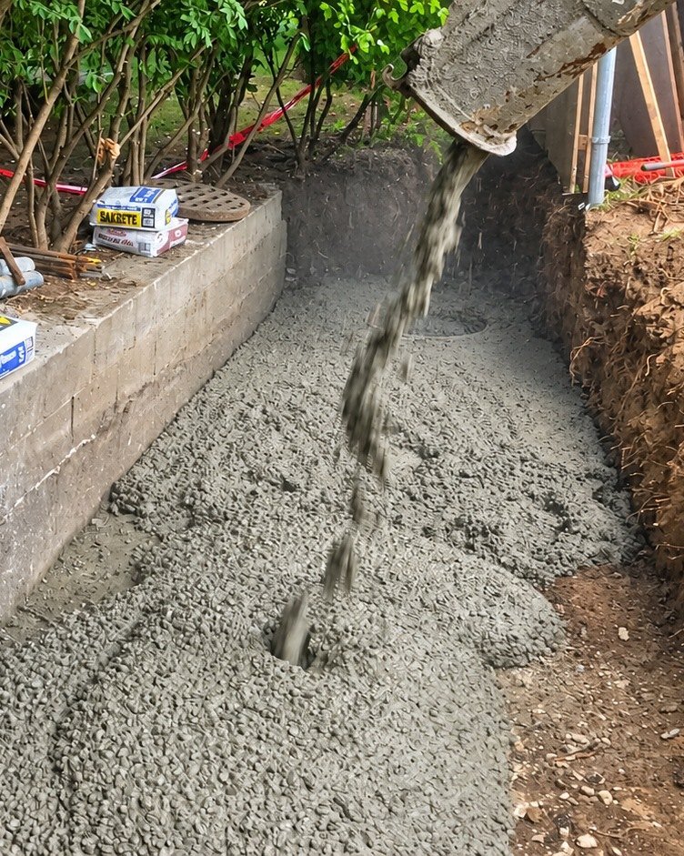 Concrete being poured while a catch basin is rebuilt