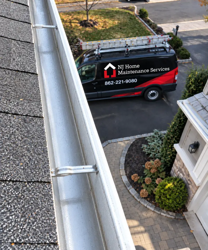 Clean gutter with service van in driveway after