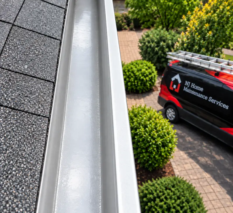 Clean white gutter with service van after
