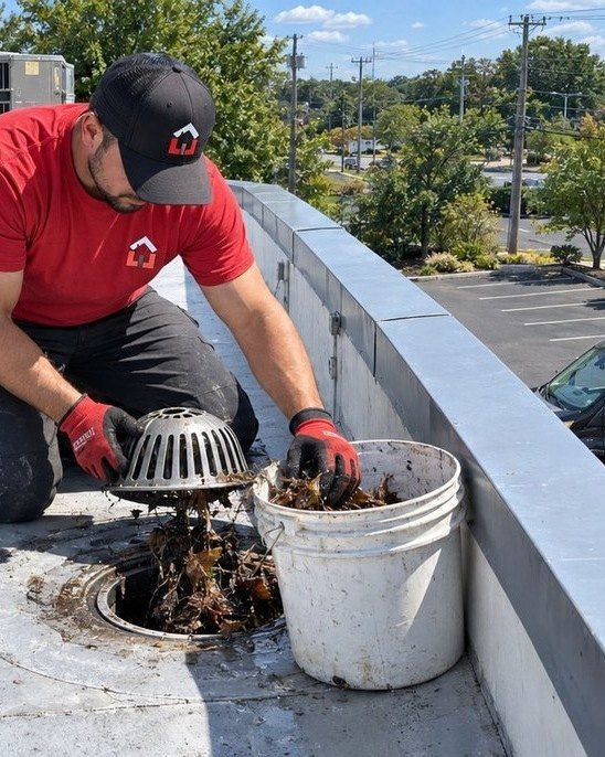 NJHMS technician clearing a clogged roof drain on a flat commercial roof