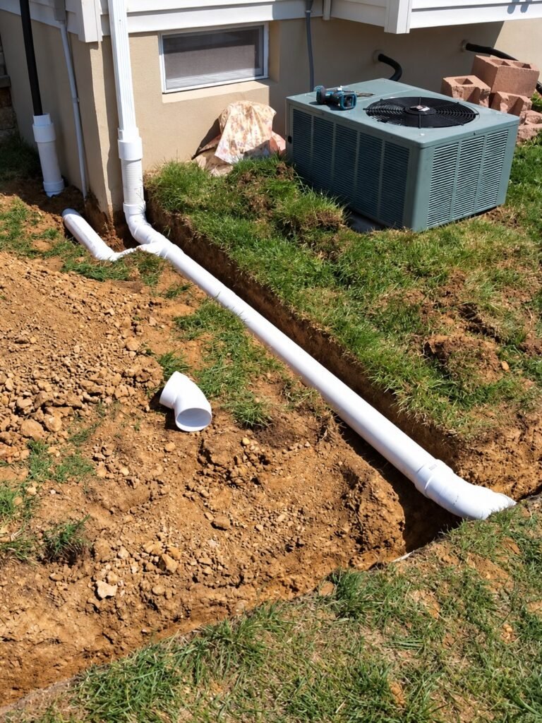 Downspout connected to a new white PVC underground drain pipe in an open trench