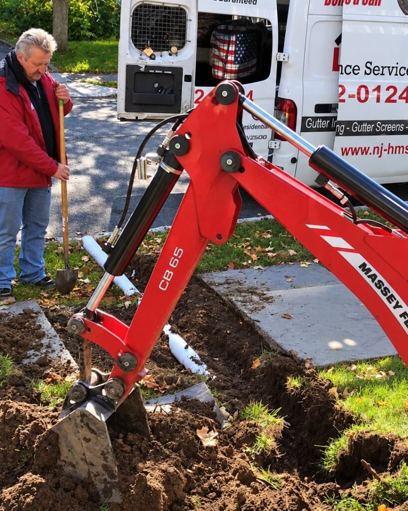 Mini excavator digging a trench for a drain to curb line