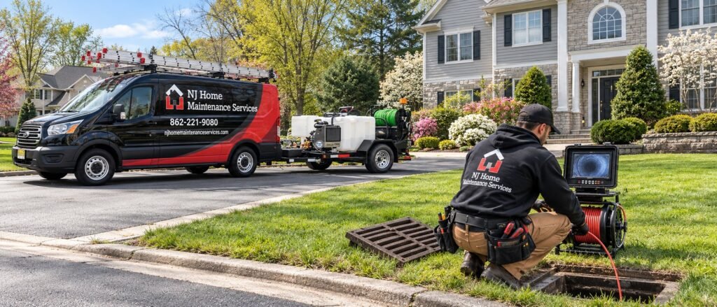 NJ Home Maintenance Services technician running a drain inspection camera into a catch basin, with the work van and jetter trailer at the curb