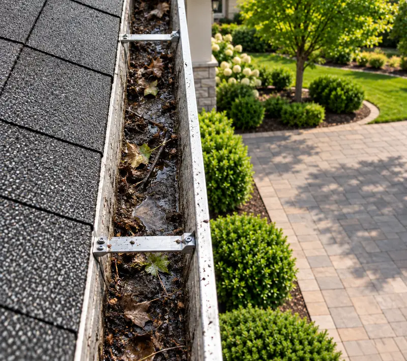 Gutter full of debris beside paver walkway before