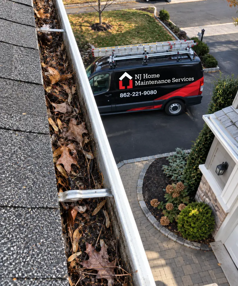 Gutter full of leaves with service van in driveway before