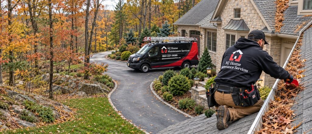 NJ Home Maintenance Services technician clearing pine needles and leaves from a gutter on a wooded hillside home, with the work van on the driveway