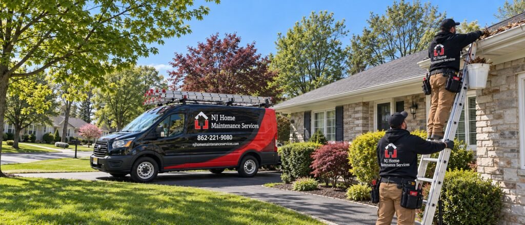 NJ Home Maintenance Services technicians cleaning the gutters of a ranch home from a ladder, with the work van in the driveway