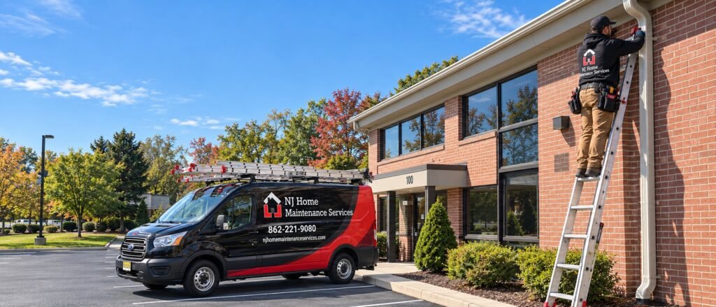 NJ Home Maintenance Services technician on a ladder servicing the downspout of a brick commercial building, with the work van in the parking lot