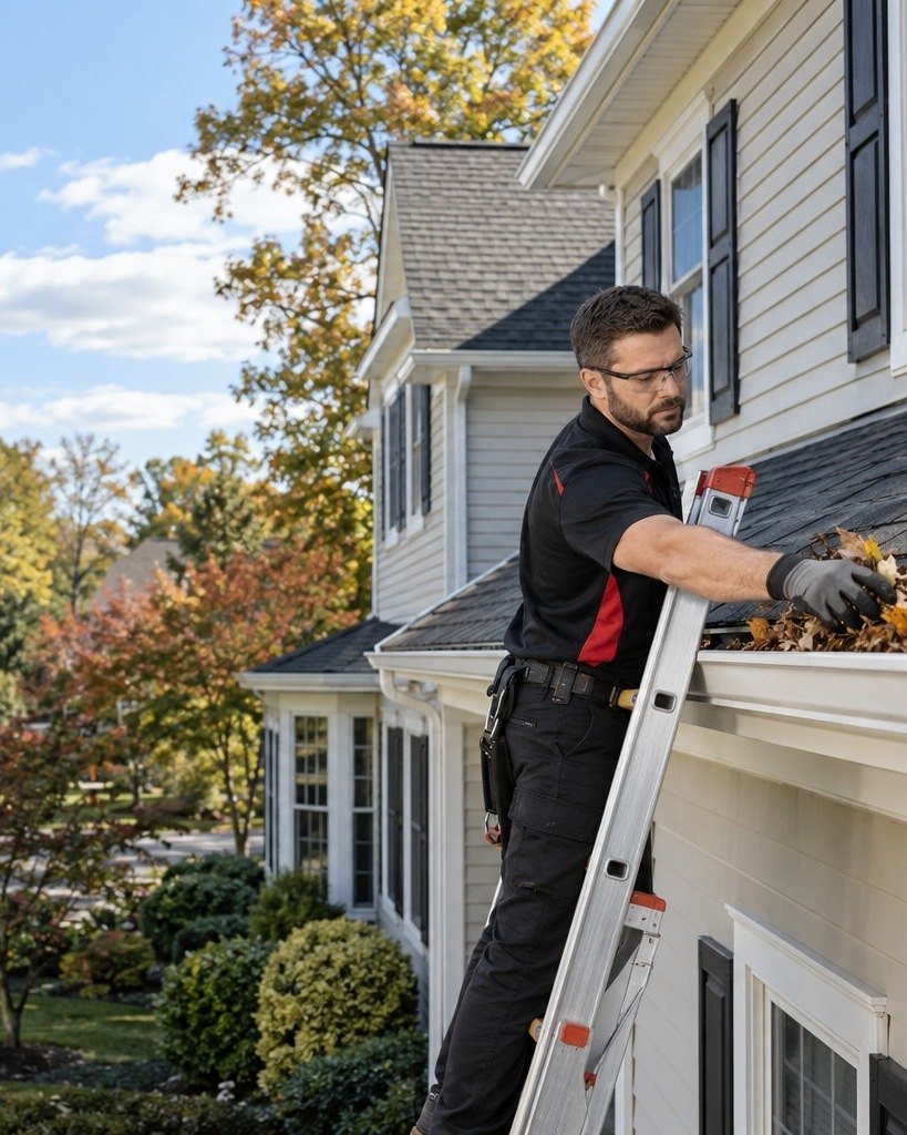 NJHMS technician on a ladder scooping leaves out of a gutter